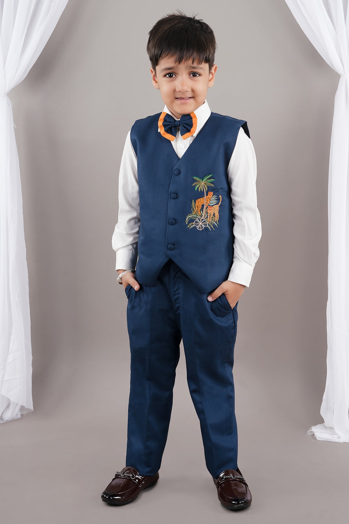 Buy Blue Embroidered Waist Coat Set by Little Brats for Boys online at ScrollnShops